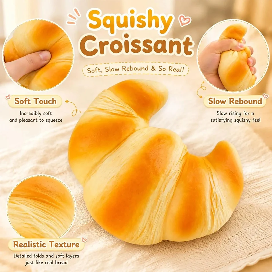 Jumbo Croissant Squishy Slow Rising Toy, Lifelike Simulation Bread, Soft PU Fidget Hand Toy for Stress Relief & Anti-Anxiety