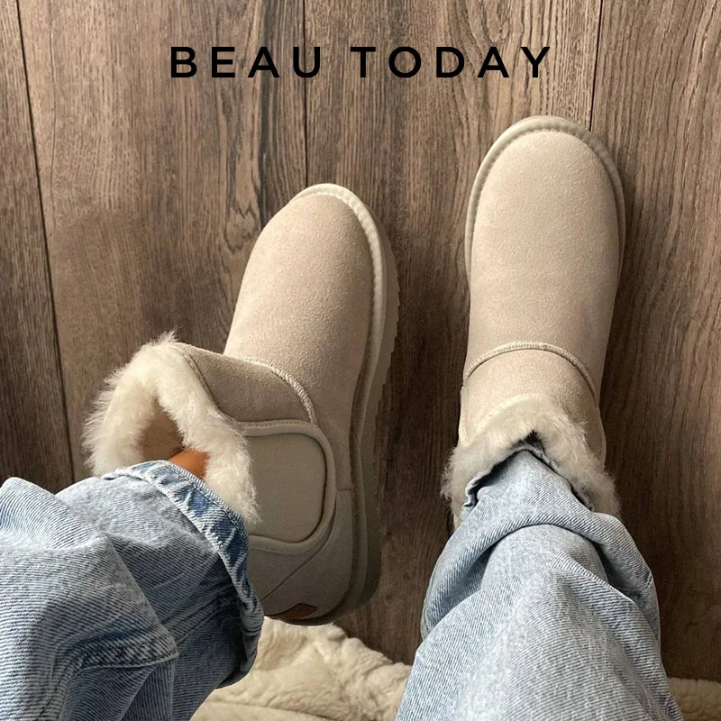 BeauToday Snow Boots Women Kid Suede Leather Chelsea Boots Elastic Band Jagged Sole Ladies Winter Warm Fur Shoes Handmade 08029