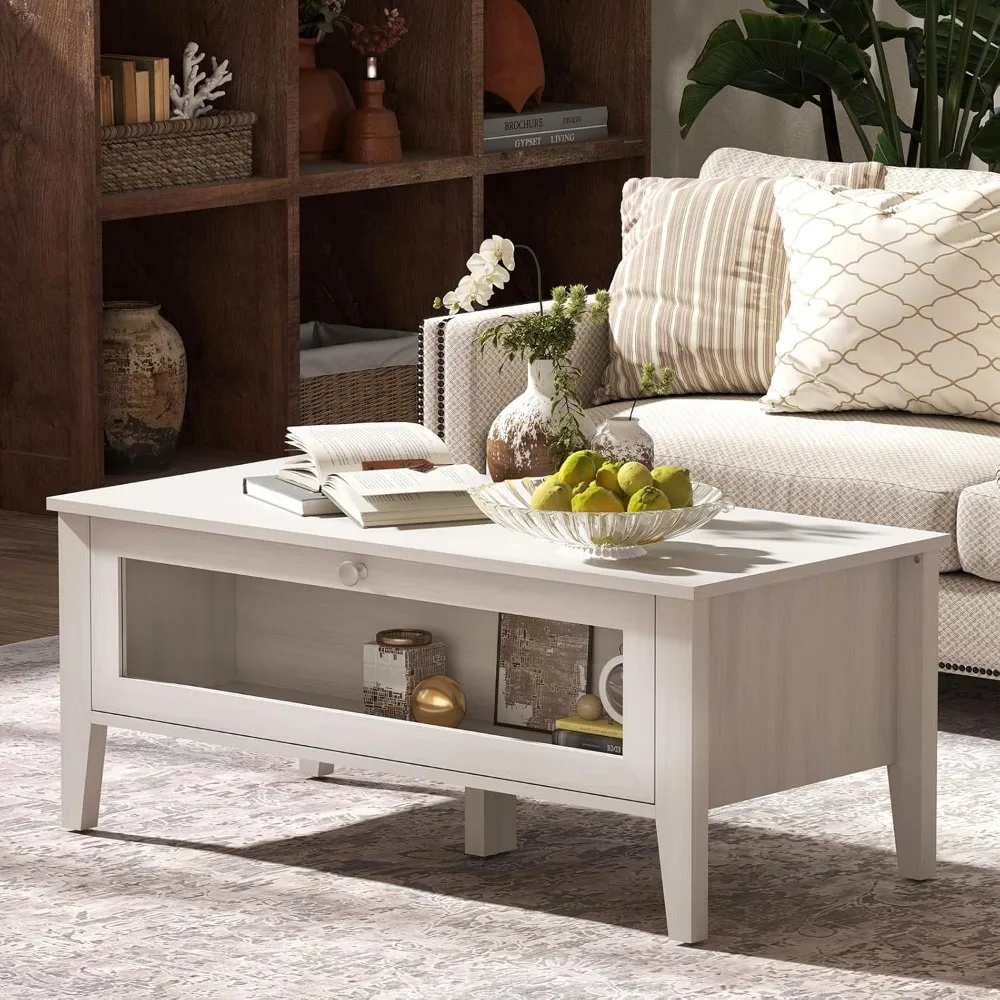 White Modern Coffee Table with Glass Door Storage,Rectangular Wooden Center Table for Living Room, 39.4"*18.9"*16"