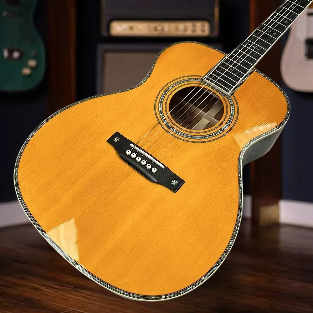 送料無料 イエロー OM42 オールソリッドウッド アコースティックギター ピセア・アスペラタボディ ラウンドボディ クラシック 絶妙な仕上がり フルトーン