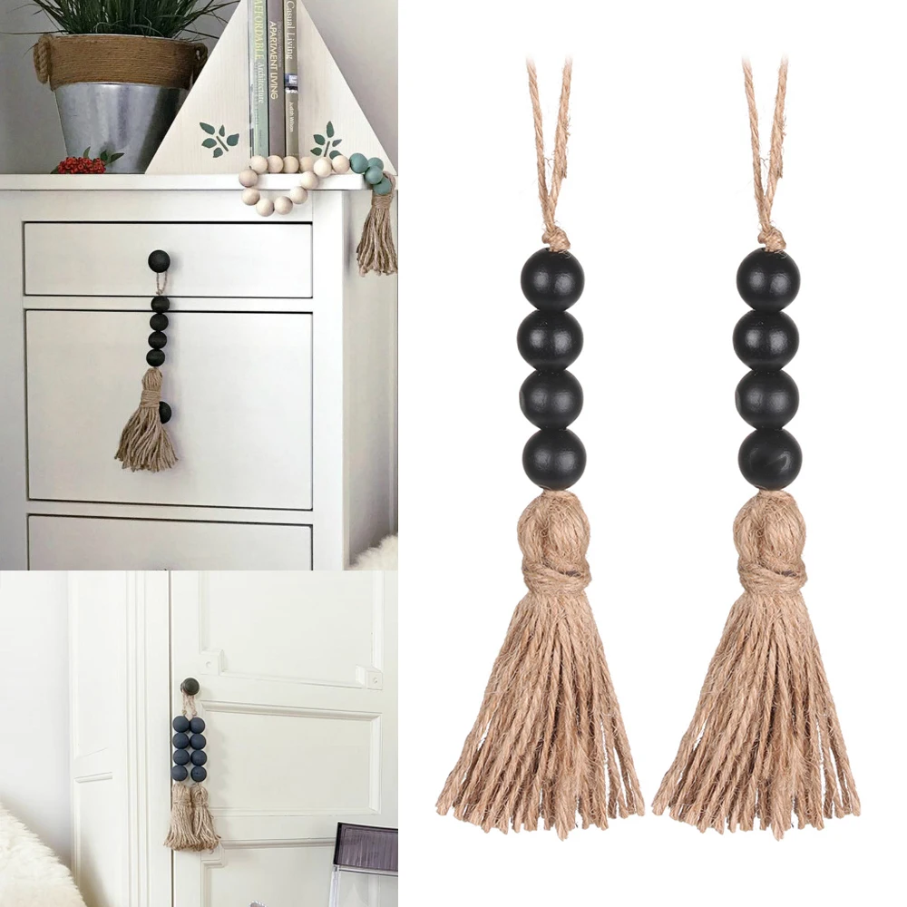 Door Handle Drawer Knob Clothes Rack Black Home Decor Closet  Hanging Decorations With Tassels Wood Bead Garland