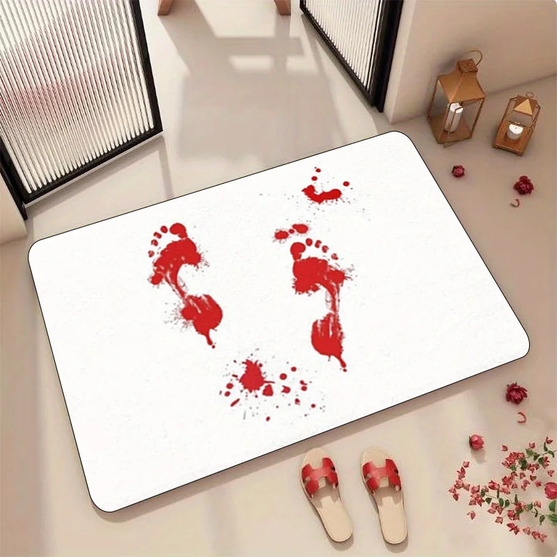 1pc  2D Flat Bloody Footprints Red Splatter White Background Flannel Bath Mat Non Slip Halloween Horror Rug For Bathroom Floor