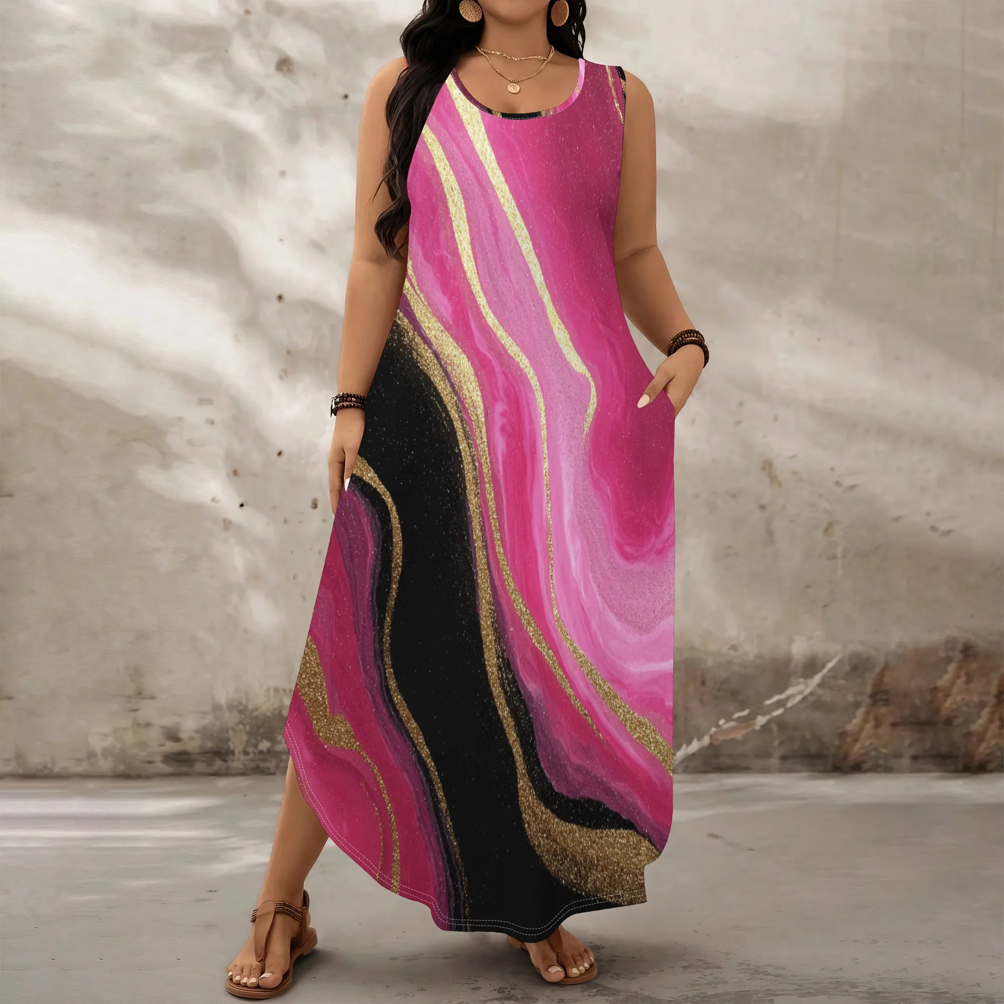 

Plus Size Artistic Marble Print Summer Dress XL-6XL 2025 Sleeveless Pink Black Gold Flowing Pattern Long Dress with Pocket
