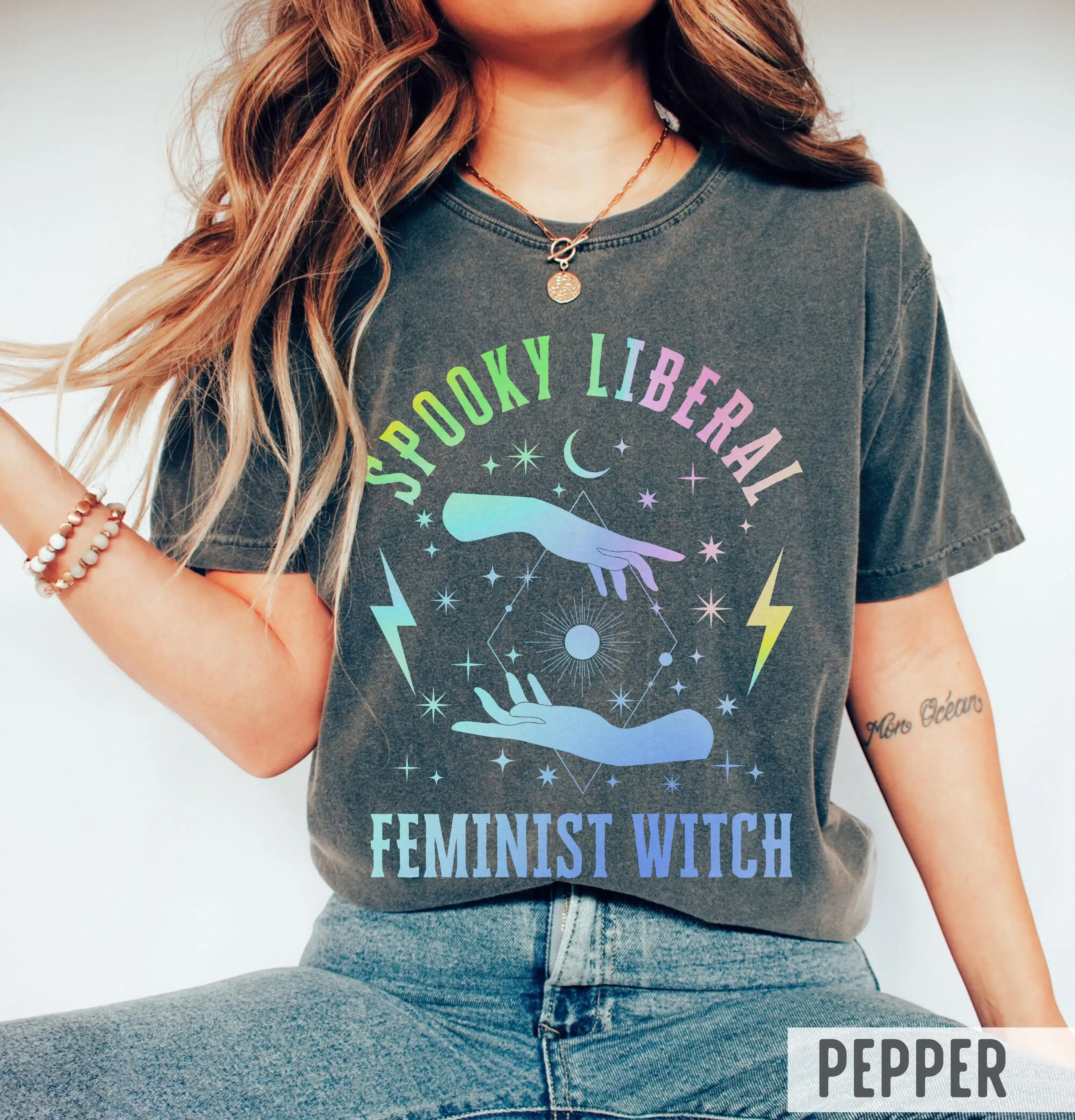 Gradient 'Spooky Liberal Feminist Witch' Tee : Colorful Democrat Halloween Shirt