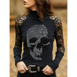 Spring and Autumn Women's T-shirt Skull Lace Panel High Neck Long Sleeve Top