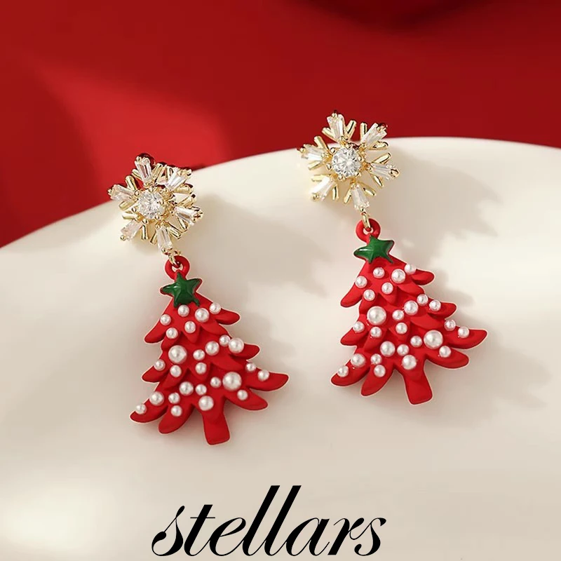 

Cartoon Cute Santa Claus Christmas Tree Silver Stud Earrings with Diamonds Snowflakes and Pearls Exquisite Ear Studs