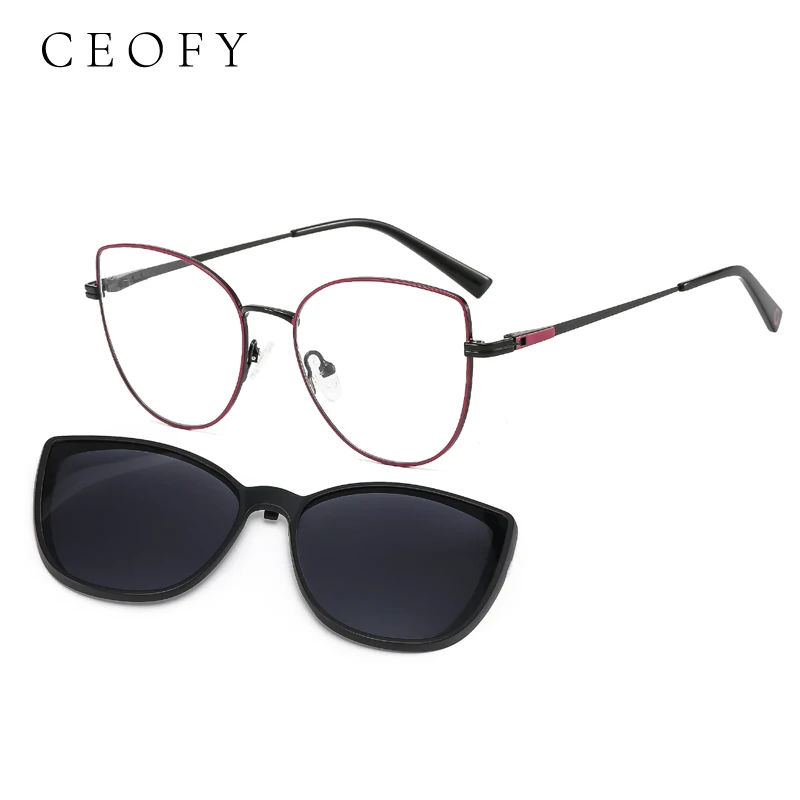 Ceofy Women Metal Cat Eye Glasses Frame Fashion Polarized Sun Clip on Optical Myopia Prescription Eyeglasses Spectacle for Women