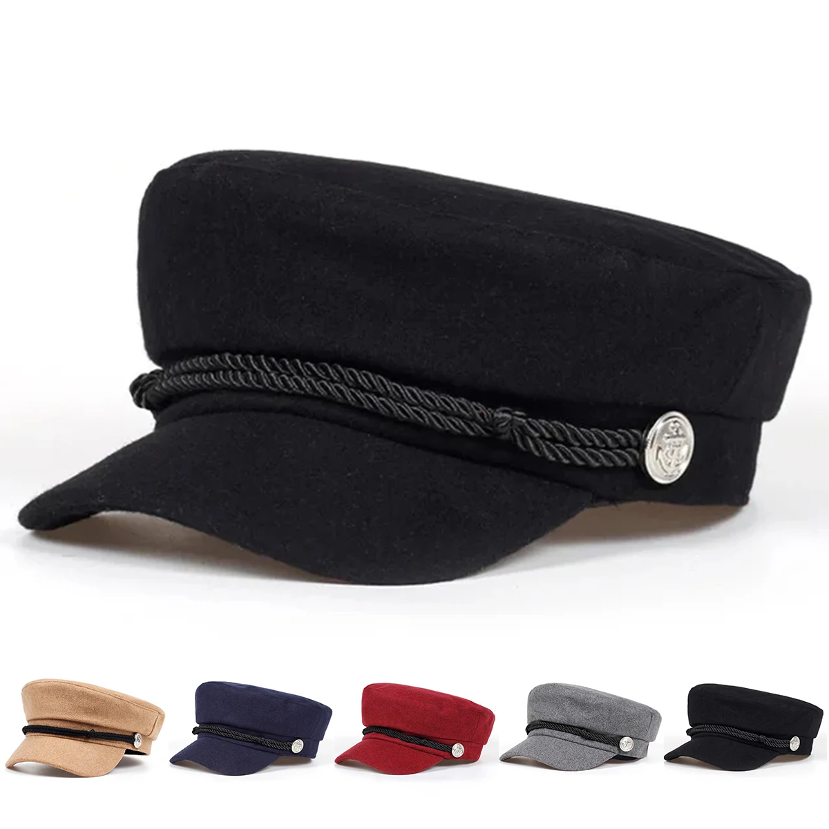 Fashion White Buckle With Rope olid Color Navy hat Spring Autumn Sailor Hats Ladies Beret Caps Men Flat Top Captain Military Cap