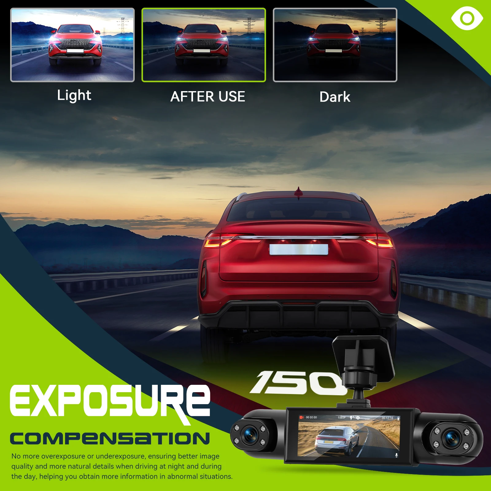 Podofo 3,16 Zoll Auto-Dashcam 1080P Auto-Blackbox Dashcam mit Vier HD-Kameras Einschließlich 480P Linke Innenkamera, Rechte Innenkamera und Rückkamera – Detail 5