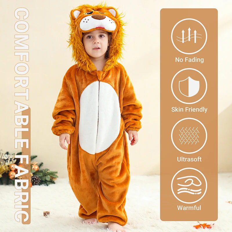 MICHLEY Karneval Löwen-Capybara Baby-Strampler Kleidung mit Kapuze Flanell Cosplay Kleinkind Pyjama Bodysuit Jumpsuit Kostüm für Jungen – Detail 5