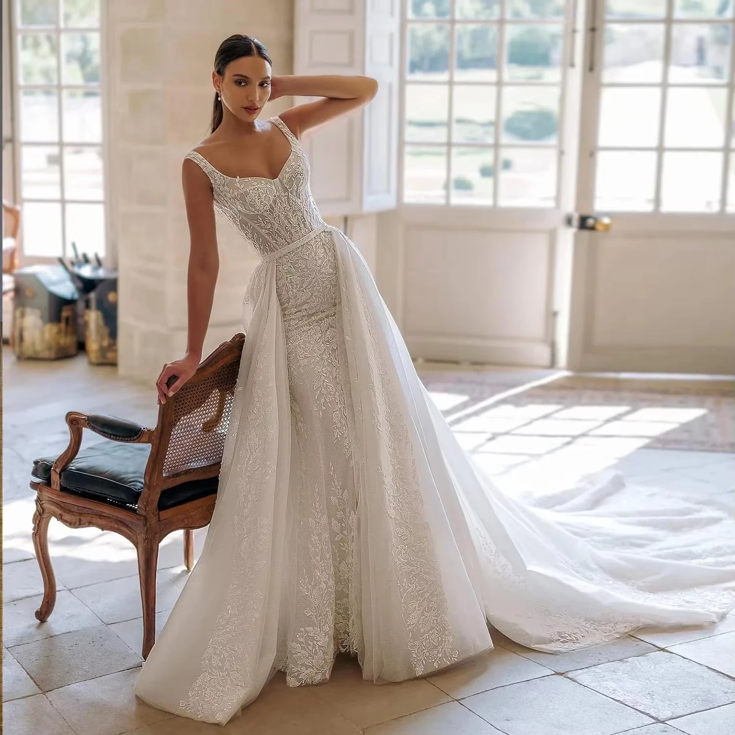 

Off the Shoulder Mermaid Wedding Dresses with Detachable Train Luxury Vestido De Noiva Sereia Beading Lace Robe Mariage