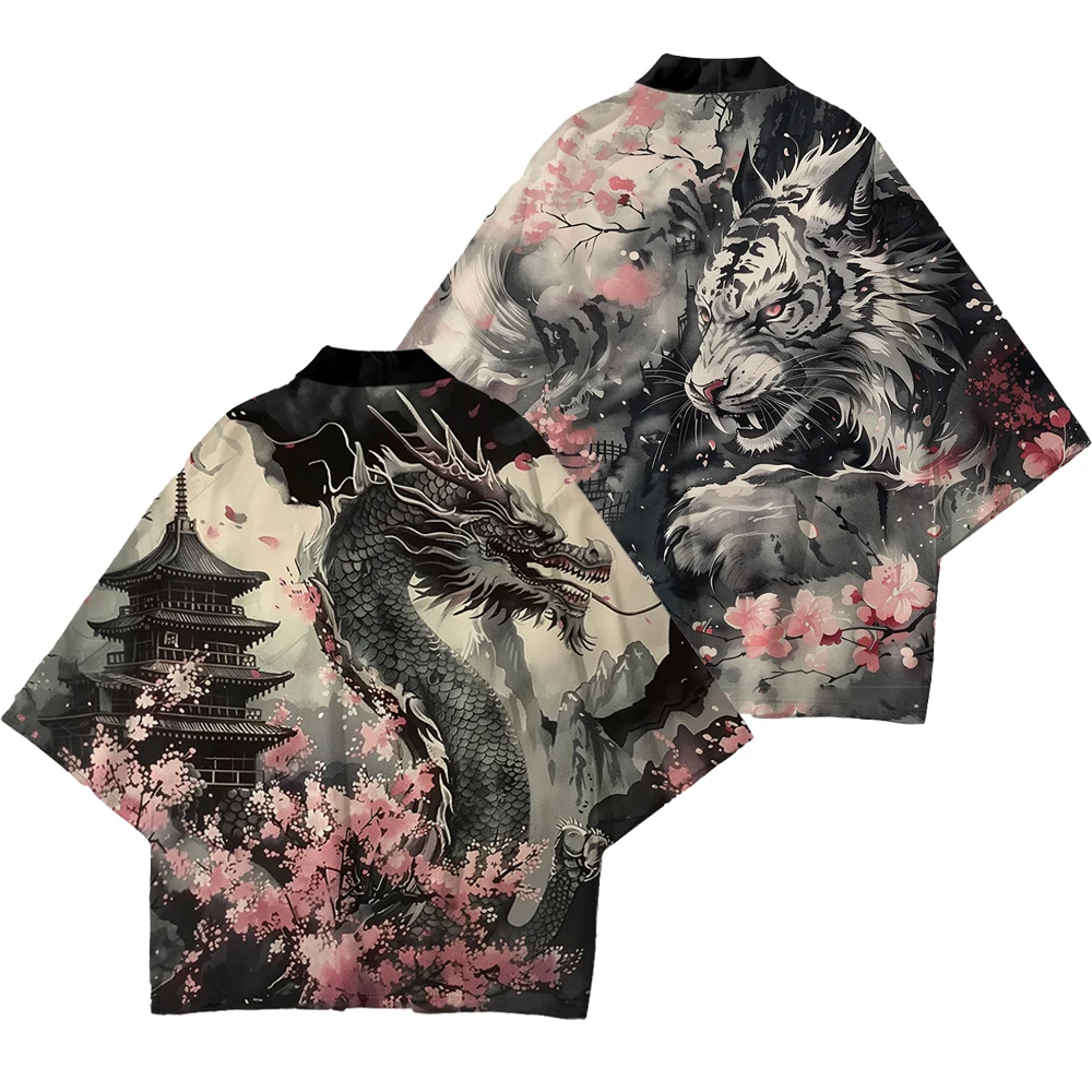 Japanese Anim Dragon Sakura Print Kimono Traditional Japan Samurai Cardigan Yukata Harajuku Haori Unisex Beach Robe Streetwear