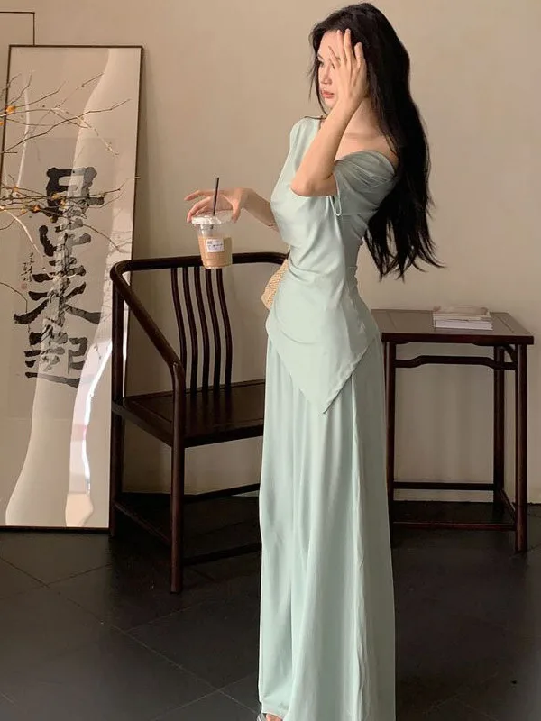 

Summer Casual Wide Leg Pants Set Women's Fashion T-Shirt Top And Pants Two-Piece Set Irregular Shoulder Long Sleeve Tee