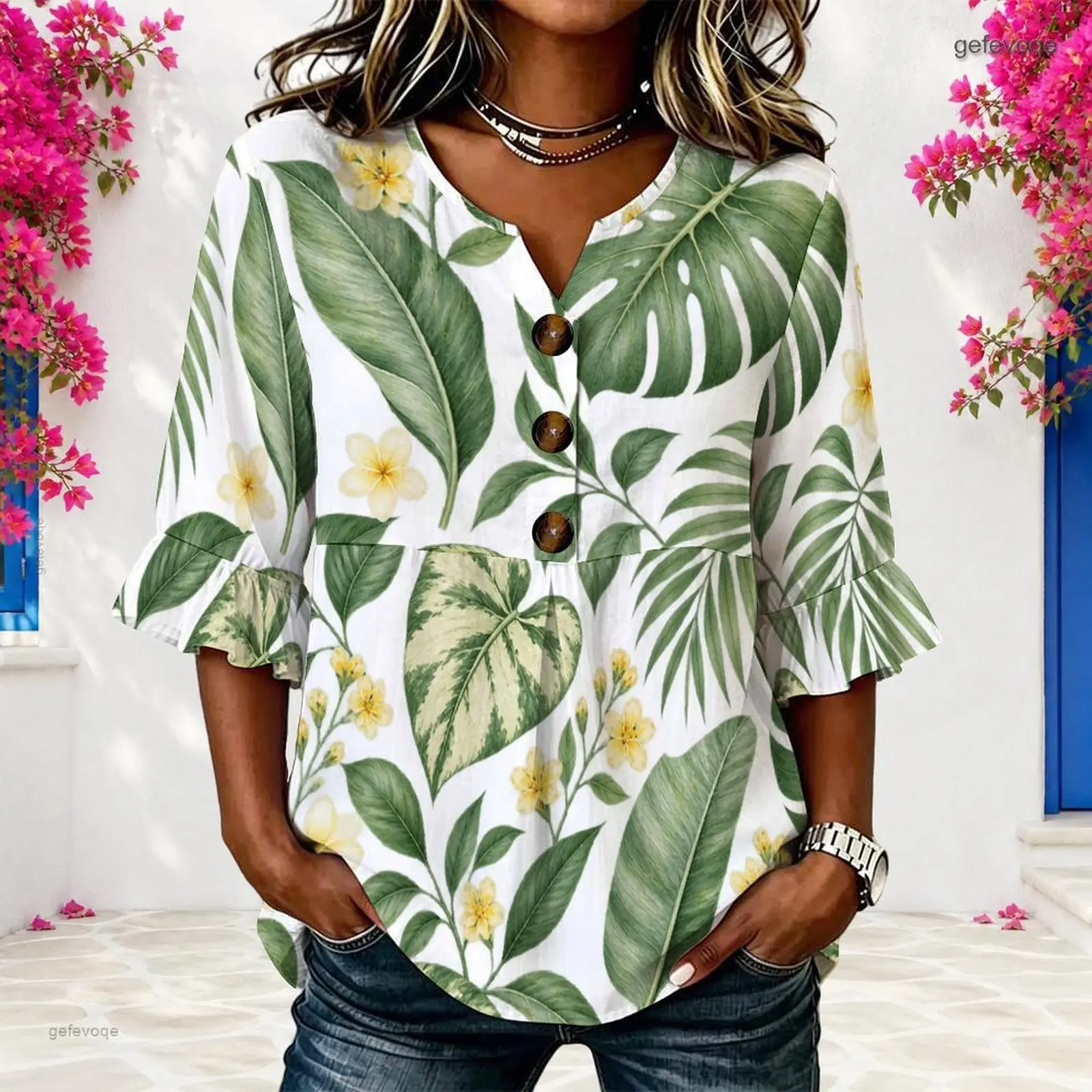 Women Tropical Leaf Yellow Floral Printed Notch Neck 3/4 Ruffle Sleeve Button Front Blouse