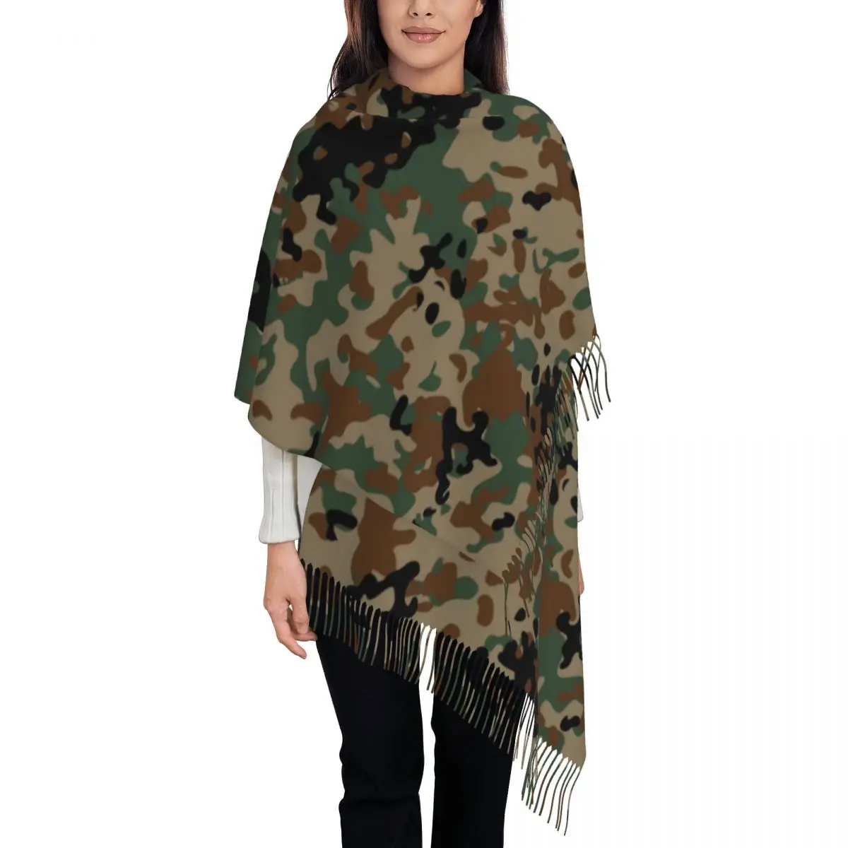 Womens Scarf with Tassel Flecktarn Camouflage Long Winter Warm Shawl and Wrap Camo Gifts Pashmina Scarves