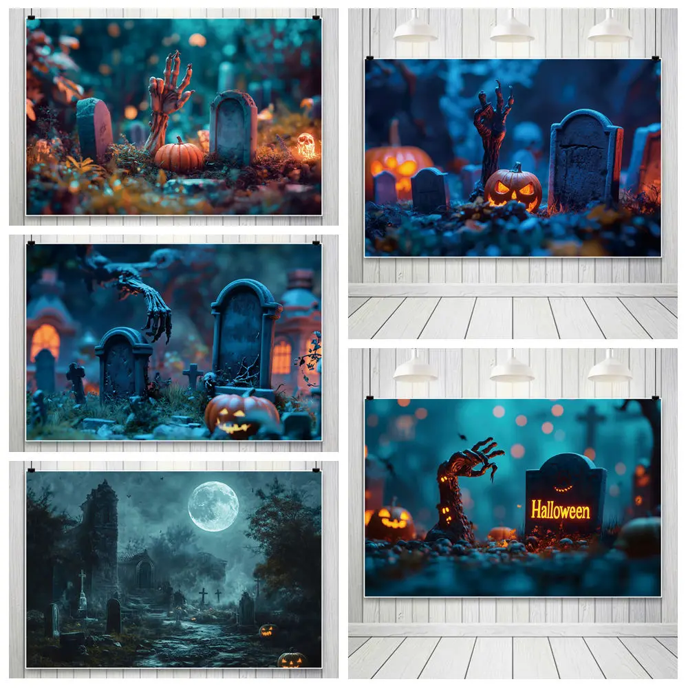 

Halloween Cemetery Background For Photography Pumpkin Lantern Skull Arm Backdrop Cloth Photography Accessories Party Decoration