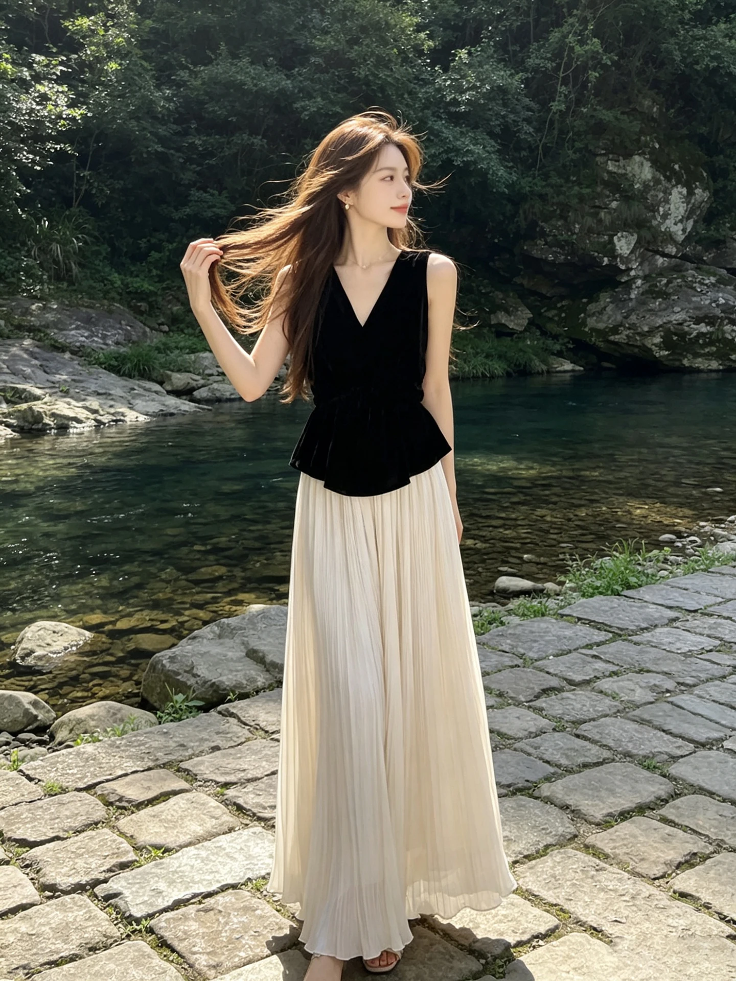 

Black Sleeveless Vest Top And High Waist Pleated Skirt Set Women's Fashion Summer Outfit Simple Versatile Two-Piece Ense...