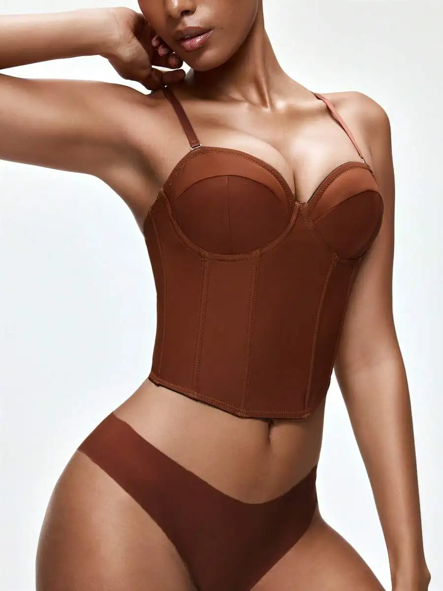 

Chocolate Brown Seamless Waist Slimming Bra Top With Steel Rings Minimalist Casual Party Daily Wear