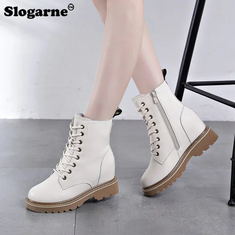 

Women's Genuine Cow Leather Boots Woman Autumn Winter Short Boots Plush Warm Bottes Waterproof Platform Shoes New Ankle Boots