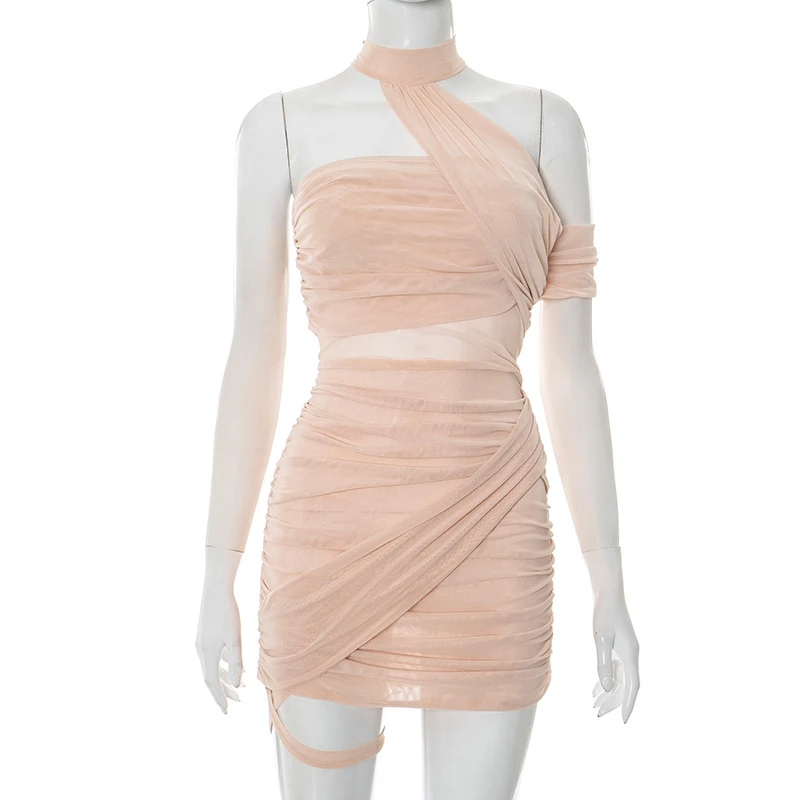 BKLD 夏ソリッドカラーメッシュ薄手の不規則なノースリーブスリム中空バックレスボディコンミニドレス Vestidos 見事なパーティークラブウェア