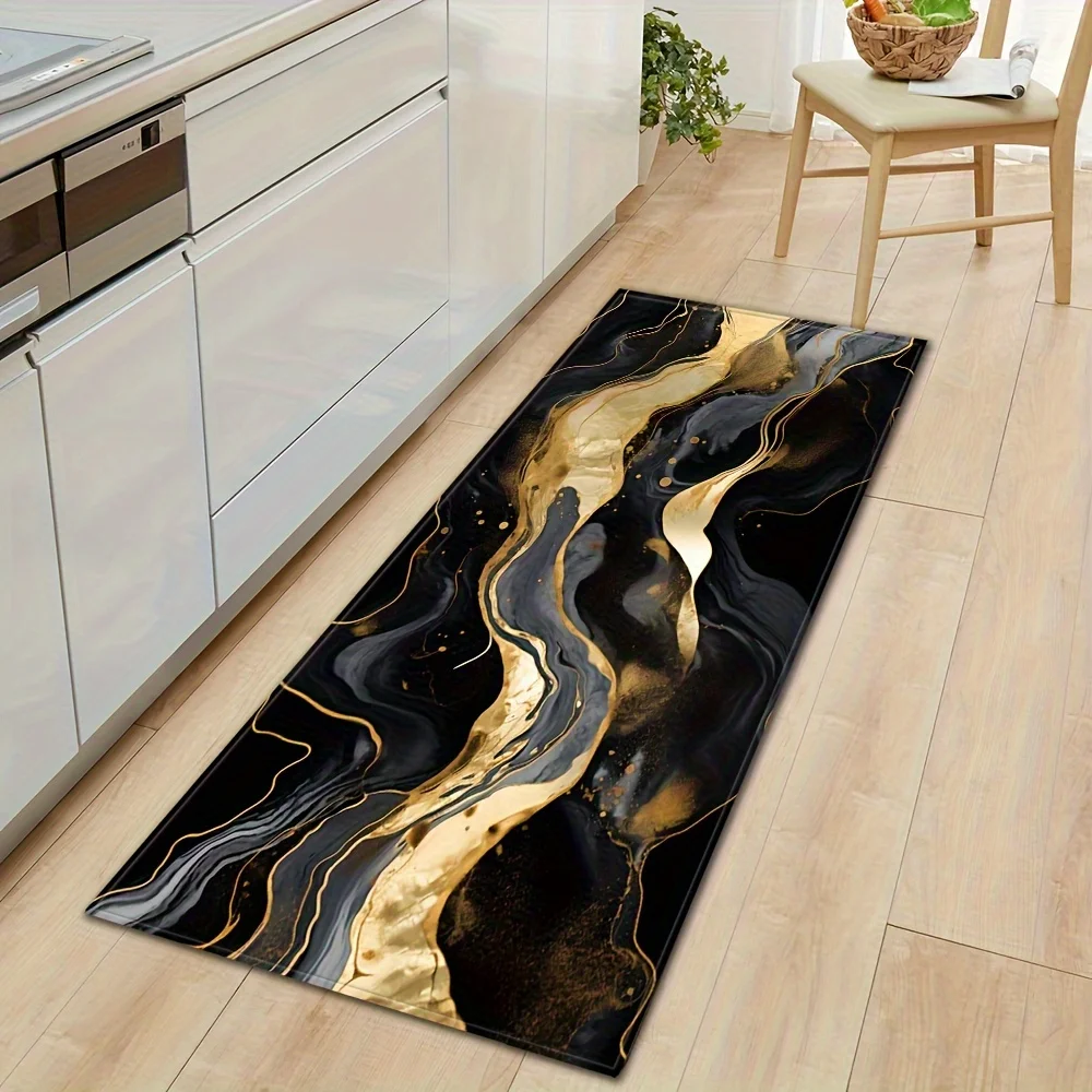 Luxury Black Gold Marble Kitchen Runner Rug Set, Modern Abstract Fluid Art Non-Slip Absorbent Floor Mats for Entryway Bathroom