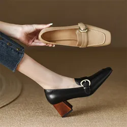 2023 New Spring Women Shoes Loafers Square Toe High Heels Cow Leather Chunky Heel Women Pumps Shoes for Women Zapatos De Mujer