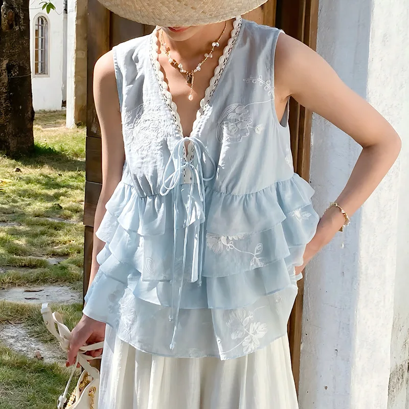 

French Style Blue Lace Trim Blouse Tank Women Lace Embroidered V Neck Tie Front Layered Ruffle Summer Casual Ladies Tops New