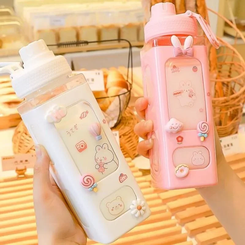 

700ml Cute Water Bottle for Girls with Lid Straw Sticker Plastic Juice Milk Portable Kawaii Tumbler Children's Drinkware