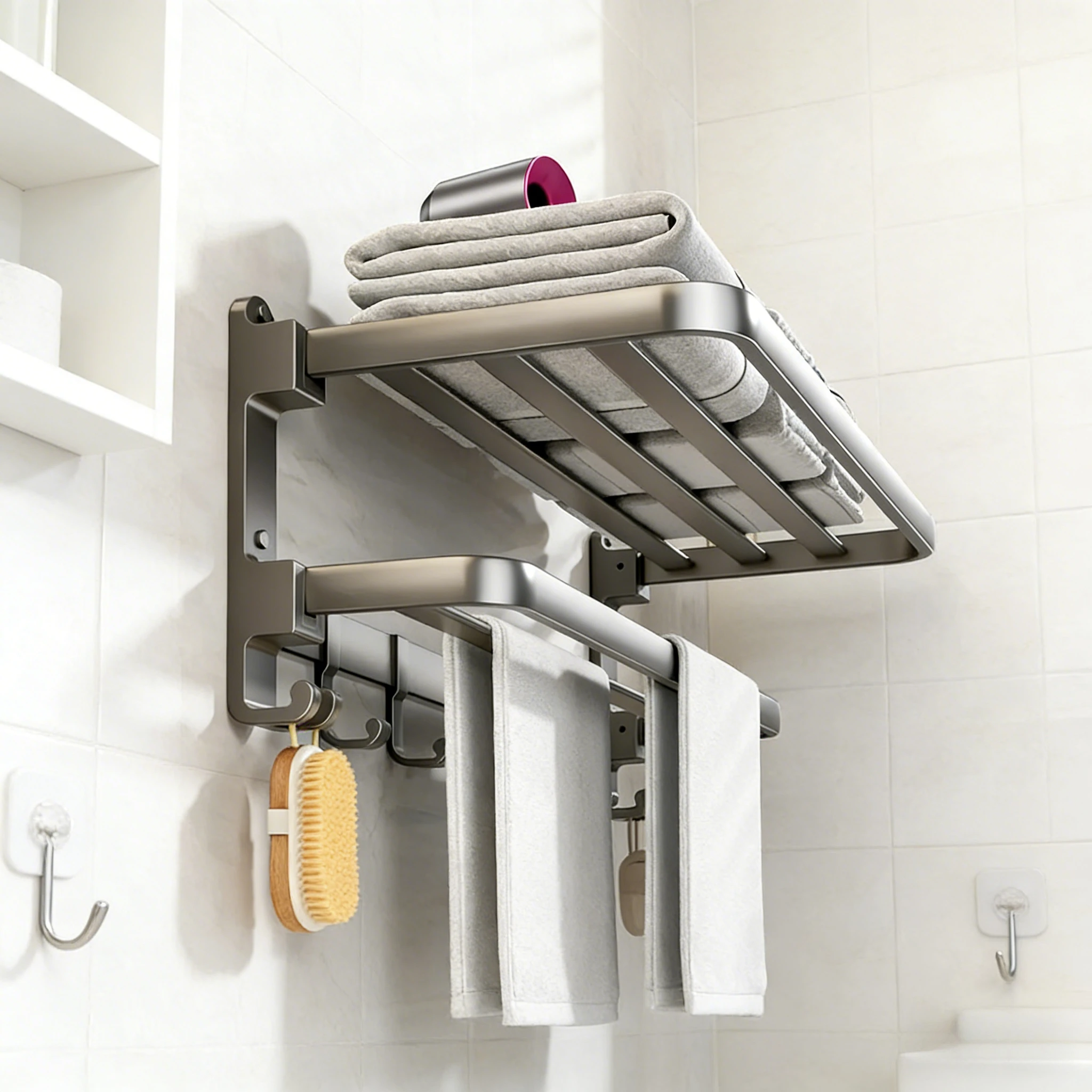 

24 Inch Double Foldable Towel Rack with Handrail & Movable Hooks Rustproof Wall Mounted Towel Storage Organizer for Bathroom