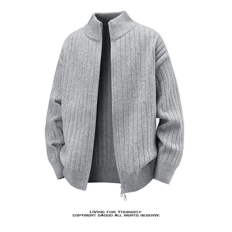 

Мужской вязаный кардиган в американском стиле, однотонный, на молнии, с длинным рукавом, воротником-стойкой, для весны и осени, новинка