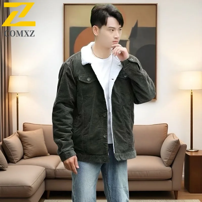 

COMXZ хлопковая стеганая куртка с отложным воротником, свободная теплая велосипедная короткая вельветовая куртка, мужская зимняя классическая ветровка, флисовая куртка