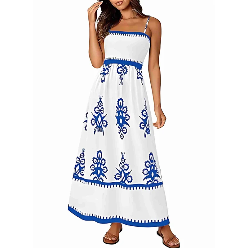 A83F-Abito estivo da donna 2025 Abito estivo floreale con cinturino per spaghetti Abiti maxi Boho per vacanze al mare fluidi