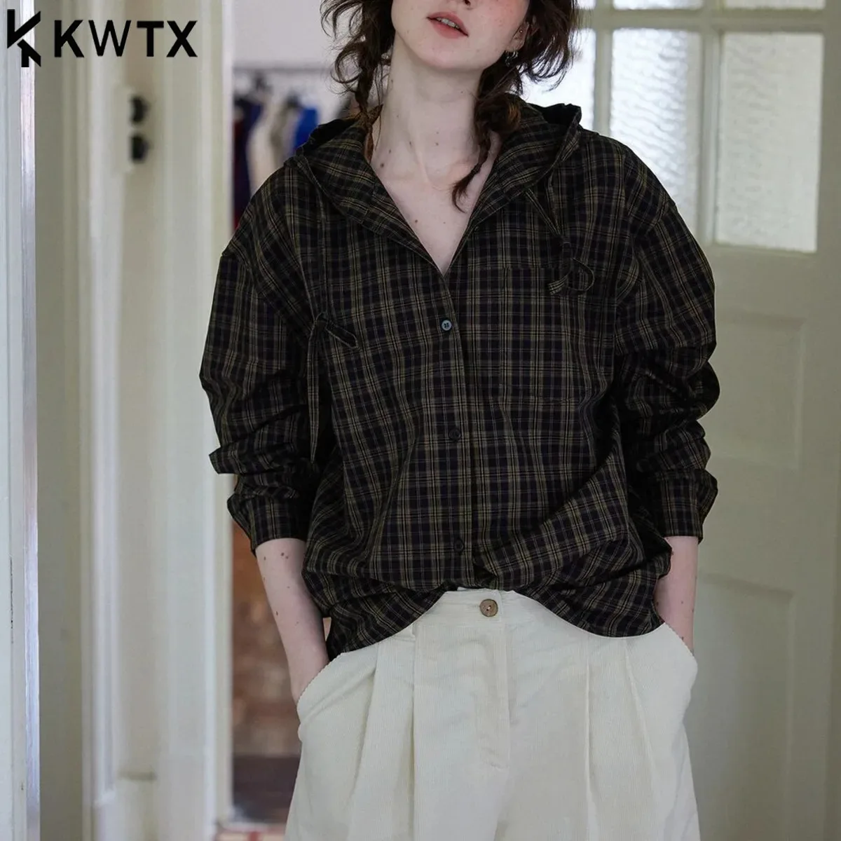 

KWTX 2025 New Women’s Plaid Shirt Jacket Spring Autumn Casual Hooded Button-Up Patchwork Design Luxury Trendy Outerwear