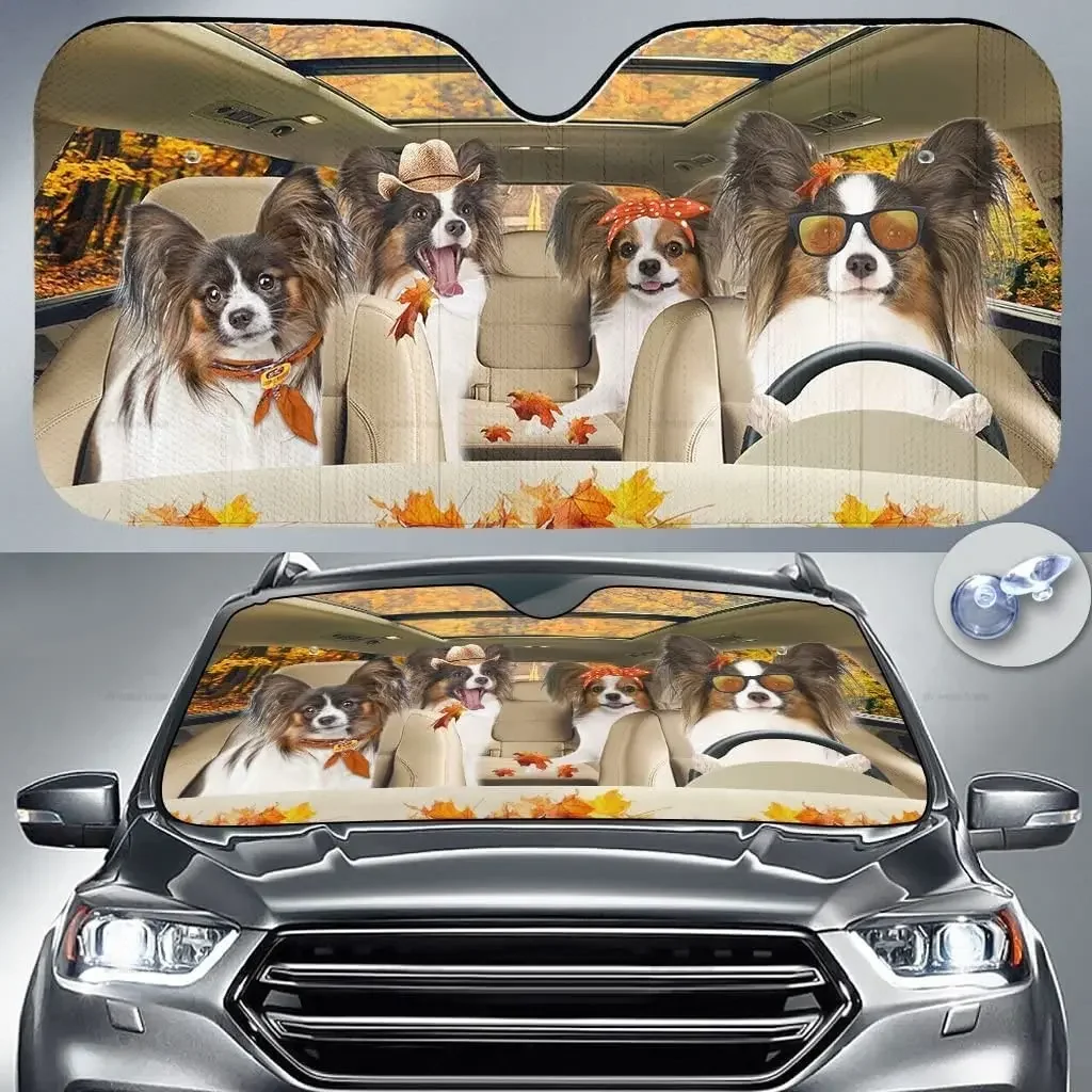 Papillon Family Driving Autumn Leaves Dog Lover Car Sunshade Windshield Window, Gift for Papillon Mom, Car Windshield Auto Visor