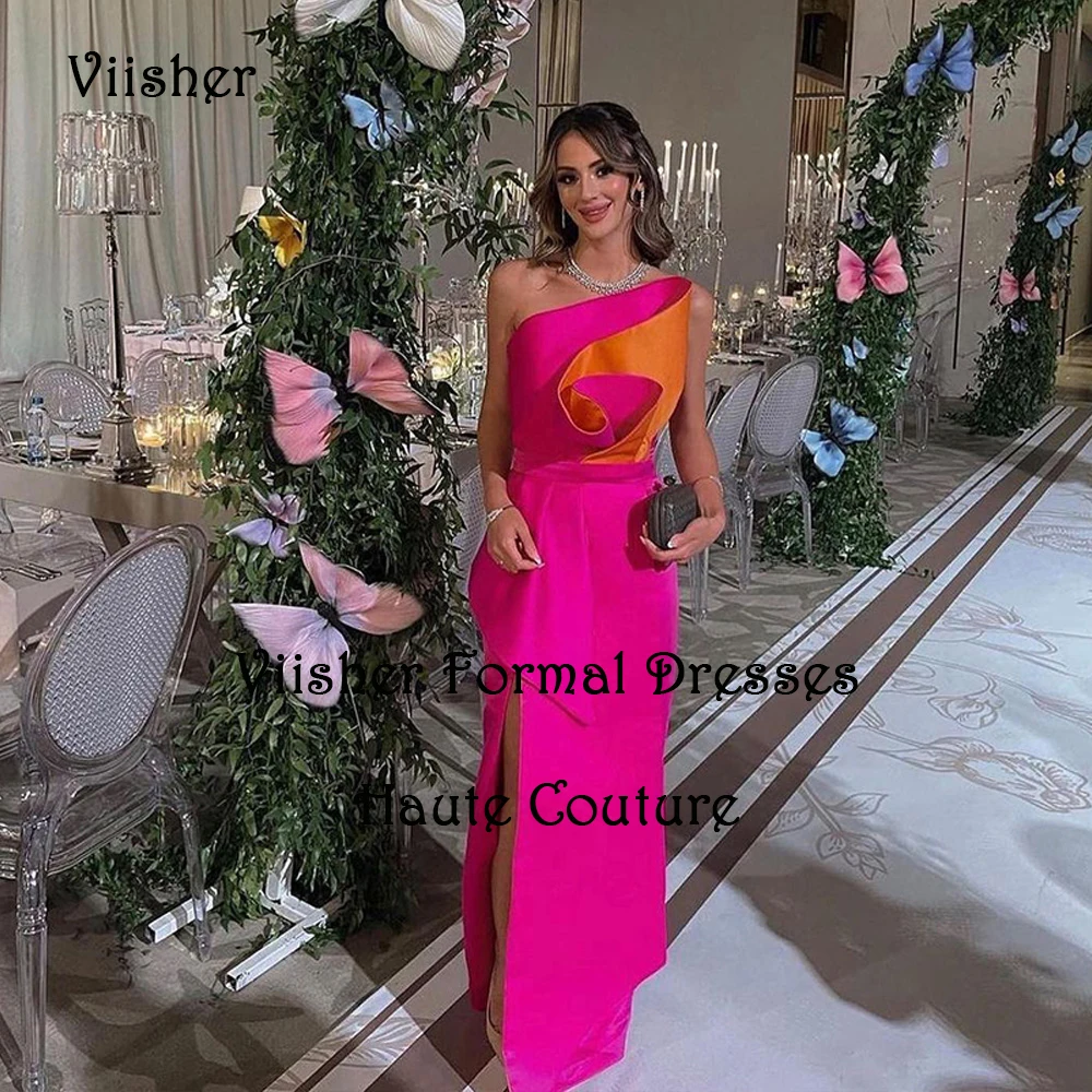 

Fuchsia Satin Mermaid Evening Dresses for Women Pleats Strapless Prom Party Dress Arabian Dubai Fromal Gown Floor Length