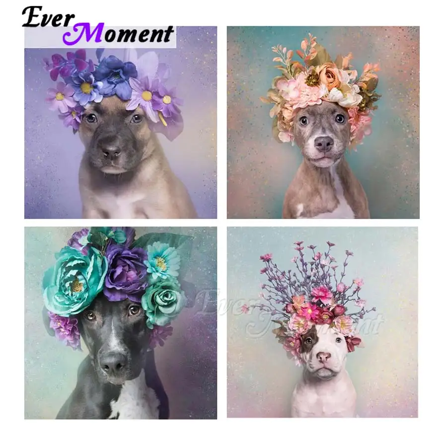 

Алмазная картина Ever Moment, собака, цветы, животные, растения, алмазная вышивка, мозаика, полная квадратная круглая закрывающаяся сделай сам, домашний декор ASF2076
