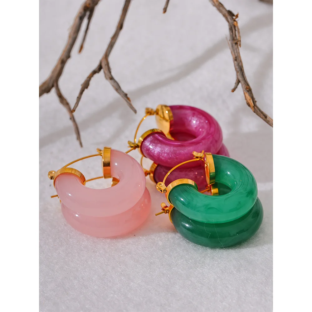 Yhpup New Colorful Resin Stainless Steel Round Y2K Hoop Earrings Trendy Fashion Daily Wear Ear Charm Jewelry Bijoux Gift