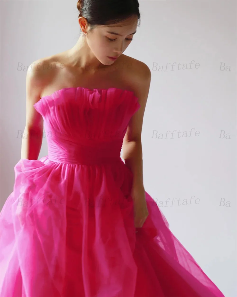 Bafftafe Fuchsia Tulle Long Prom Dresses Customized Pleated Strapless Korea Lady Evening Dress Formal Party Women Gowns 프롬드레스