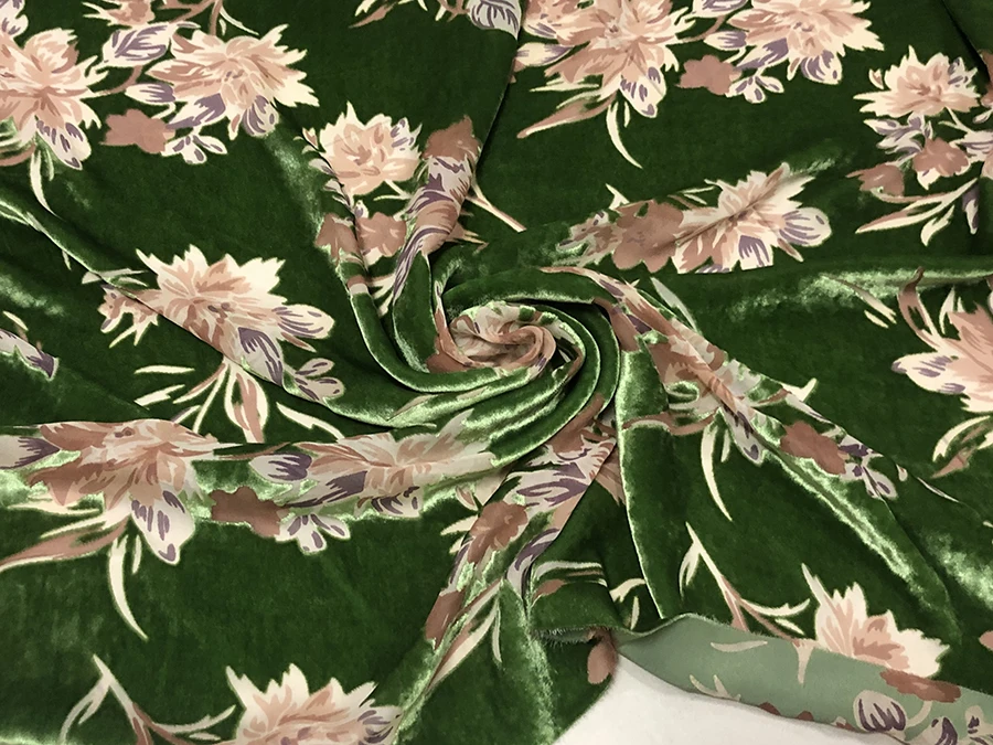 High Quality Real Silk Gold Velvet Fashion Green Bottom Hollow out Elegant Flowers Etched-out Fabric Cheongsam Qipao Cloth