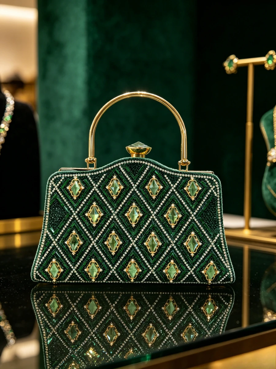 Bolso de mano tipo clutch para mujer, con asa metálica y cristal verde esmeralda en forma de rombo, con línea dorada, único y glamuroso, para noche, pasarela y bodas, 2026
