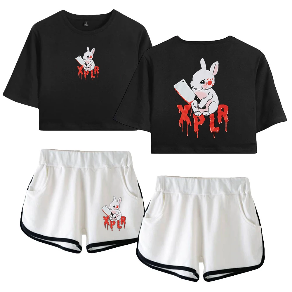 

XPLR Sam and Colby Rabbit Tee Two Piece Set Short Sleeve Crop Top Navel Tshirt+Shorts 2023 New Logo Fashion Women's Sets