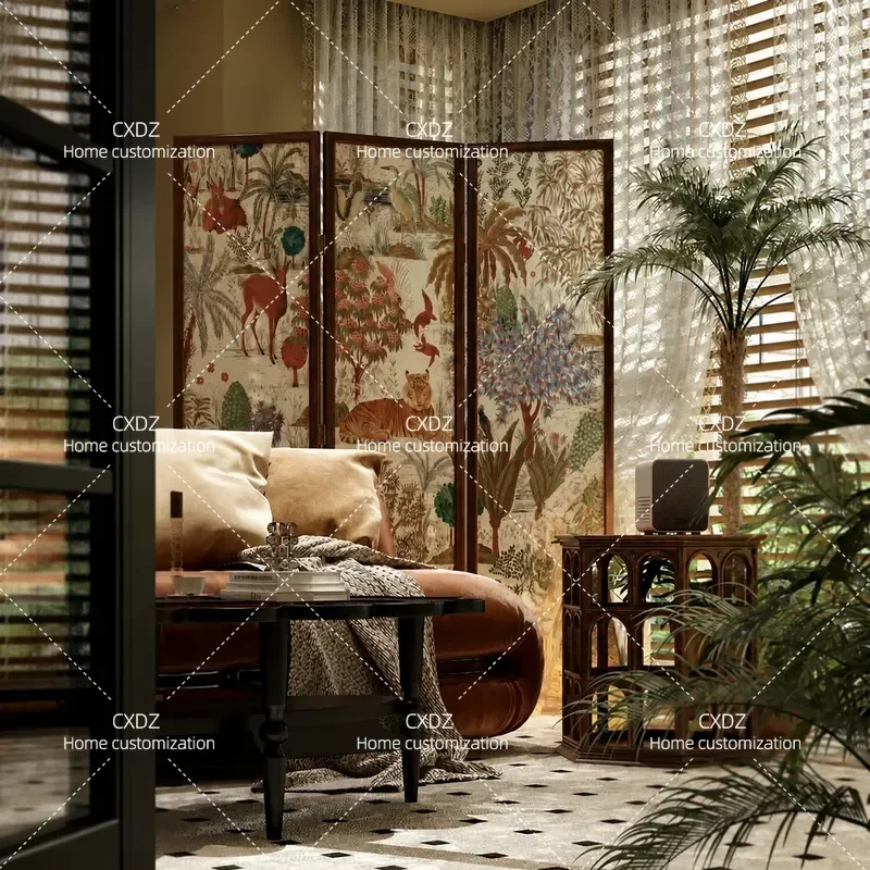 Retro Wabi Style Solid Wood Folding Screen Partition Mobile Room Divider for Living Room Bedroom Home Decor Mix and Match