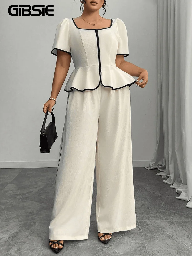 GIBSIE Plus Size Square Neck Puff Sleeve Ruffle Hem Top Women Summer Loose Wide Leg Pants Elegant Two 2 Piece Set Woman Outfit