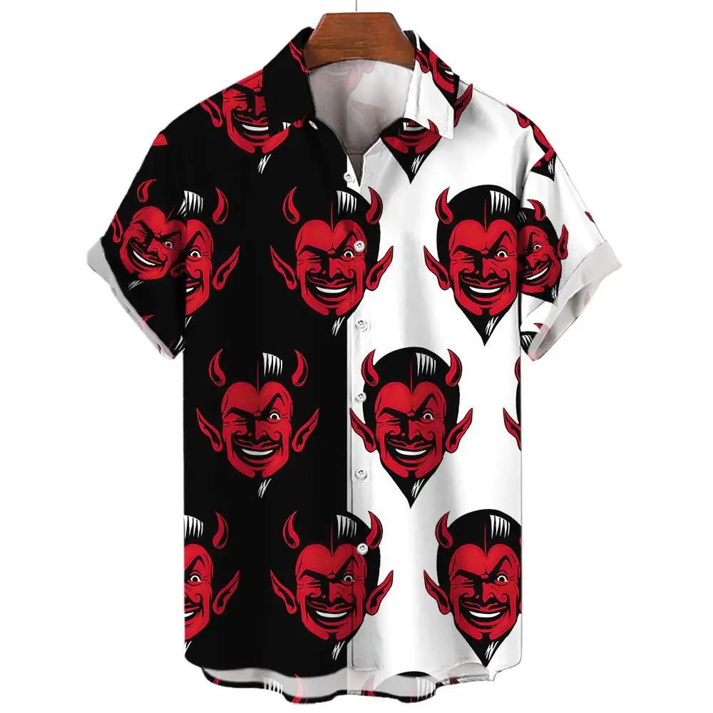 Devil Pattern Men\'s Shirts Oversized Shirt Loose Causal Double Patchwork Red Imp Party Festival Camisas Original
