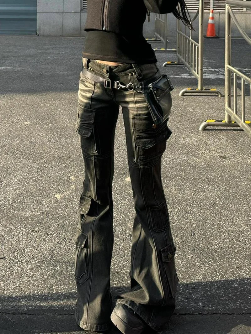 

Retro American Washed Multi-Pocket Work Pants Women Summer New Y2K Millennium Style Hot-Legged Bell Bottoms Slim Fit Jeans