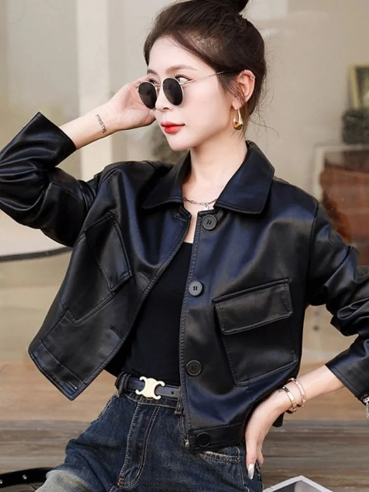 Black Short Leather Jacket with Pockets for Women Punk Motorcycle Leather Jacket Female Retro Fashion Punk Style Leather Jacket
