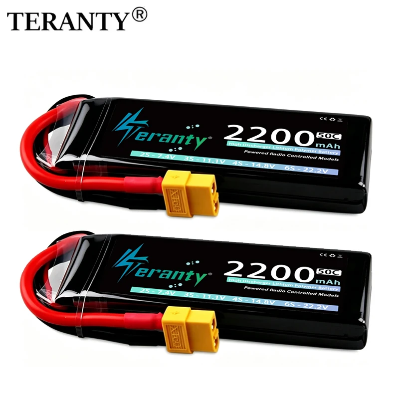 2 Stück TERANTY 2S Lipo-Akku 7,4V 2200mAh 2400mAh 2600mAh 50C mit T/XT60-Stecker für Flugzeuge, FPV-Drohnen, Rennautos, Boote, RC-Teile
