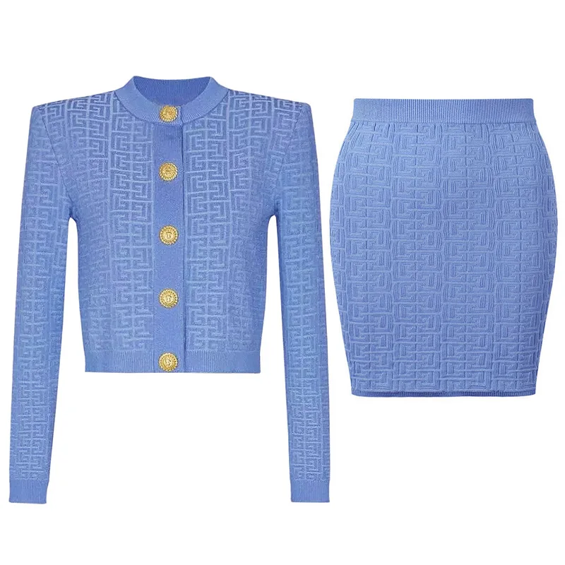 New Letter Jersey Gold Button Top And Knitted Cotton Skirt Set