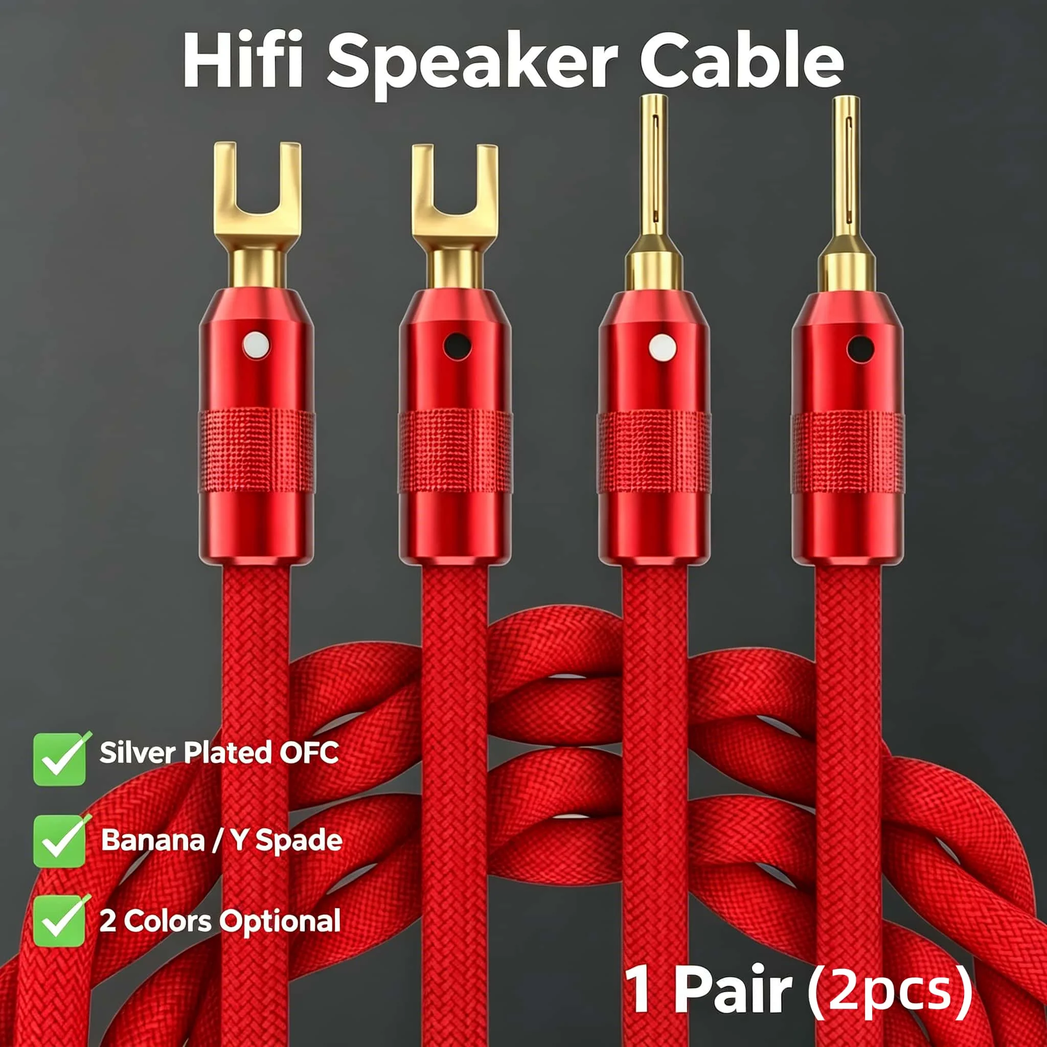 Speaker Cable Silver Plated OFC Red Braided Hifi Audiophile Speaker Wire Banana Y Spade Plug for Amplifier Home Theater