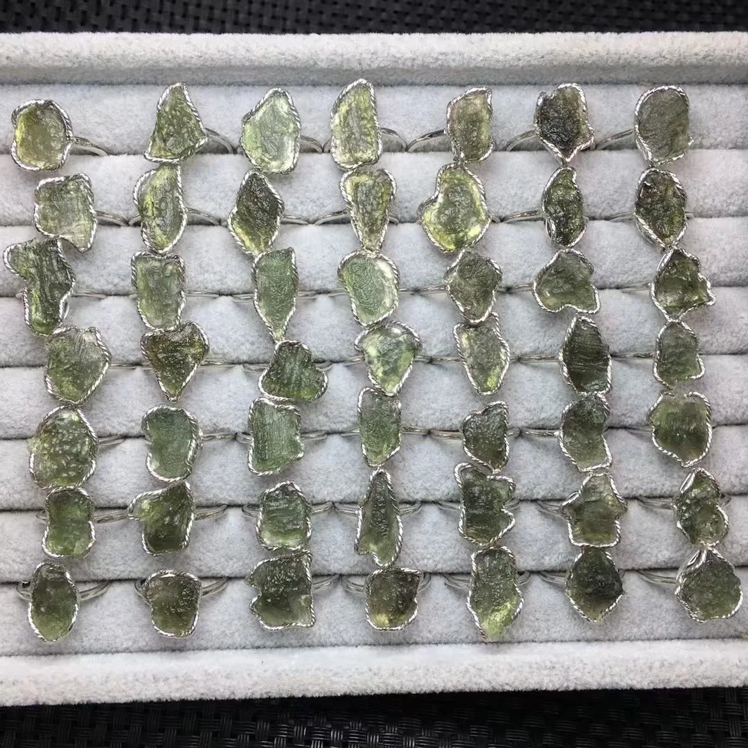 1 Pc Fengbaowu Natural Raw Rough Moldavite Ring 925 Sterling Silver Irregular Reiki Healing Stone Jewelry Gift Men Women